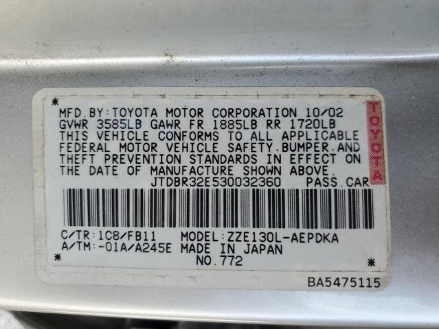 JTDBR32E530032360 - 2003 TOYOTA COROLLA CE SILVER photo 13