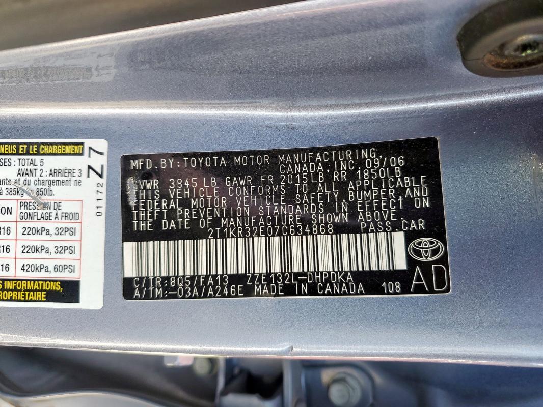 2T1KR32E07C634868 - 2007 TOYOTA COROLLA MA XR BLUE photo 12