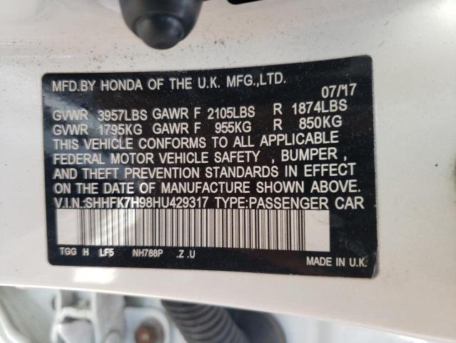 SHHFK7H98HU429317 - 2017 HONDA CIVIC SPORT TOURING WHITE photo 13