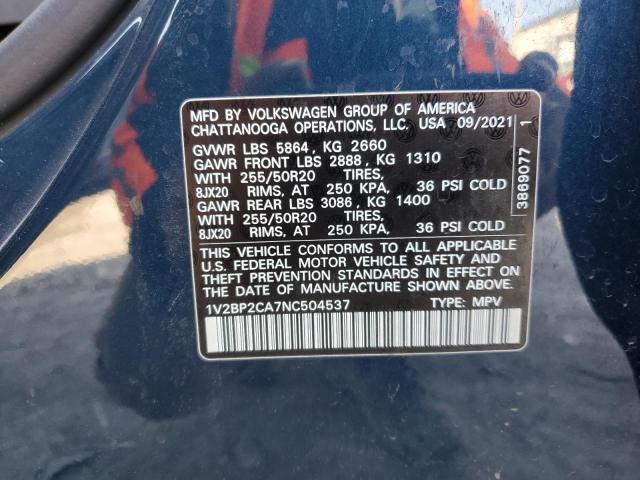 1V2BP2CA7NC504537 - 2022 VOLKSWAGEN ATLAS SEL 蓝色 照片 13