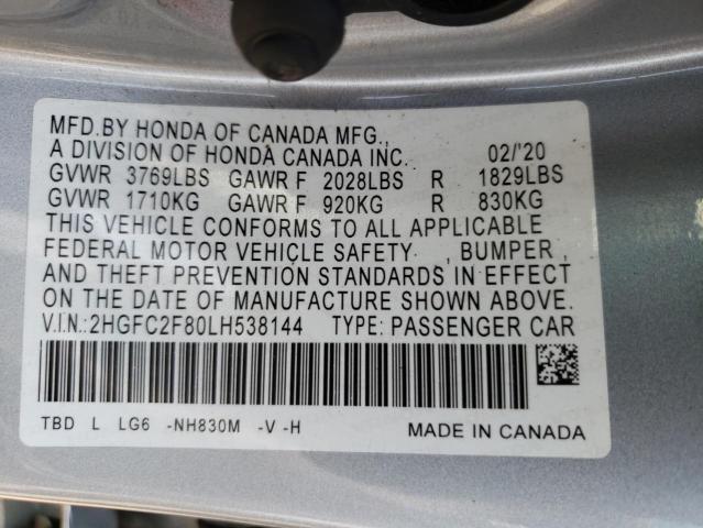 2HGFC2F80LH538144 - 2020 HONDA CIVIC SPORT 银色 照片 13