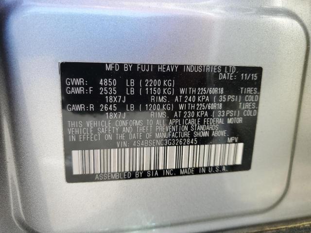 4S4BSENC3G3262845 - 2016 SUBARU OUTBACK 3.6R LIMITED SILVER photo 12