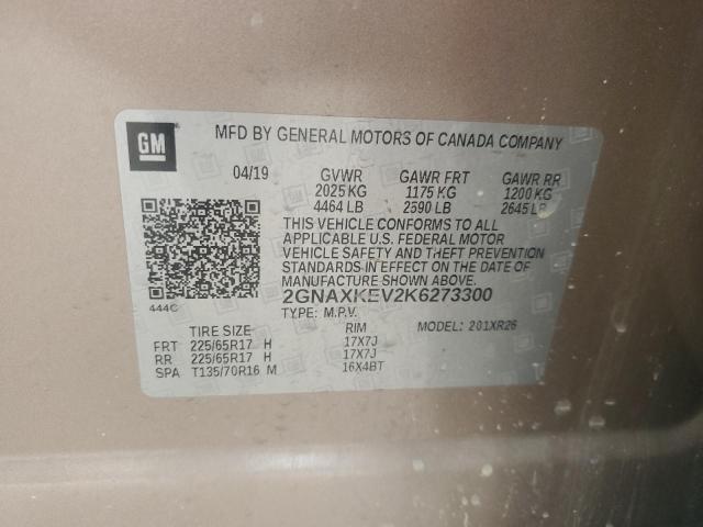 2GNAXKEV2K6273300 - 2019 CHEVROLET EQUINOX LT TAN photo 13