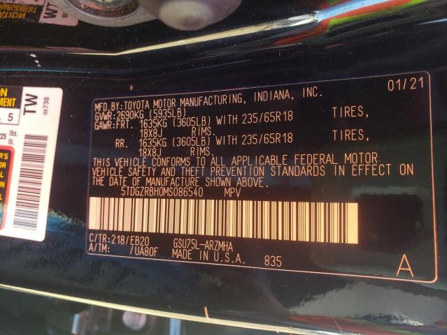 5TDGZRBH0MS086540 - 2021 TOYOTA HIGHLANDER XLE BLACK photo 14