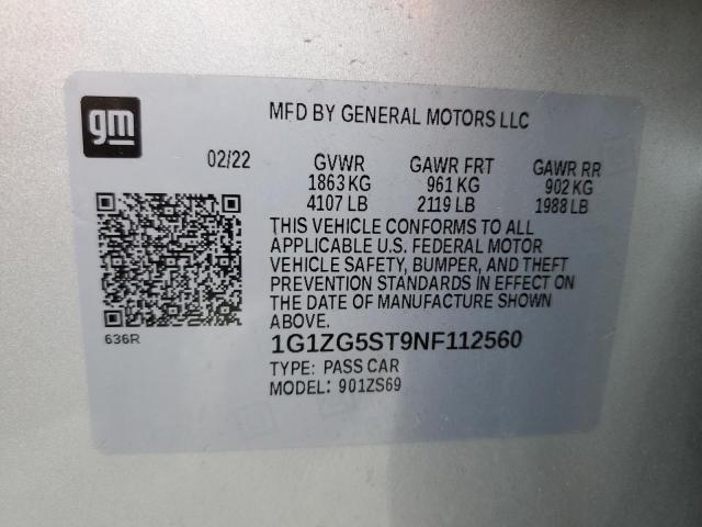 1G1ZG5ST9NF112560 - 2022 CHEVROLET MALIBU RS 银色 照片 12