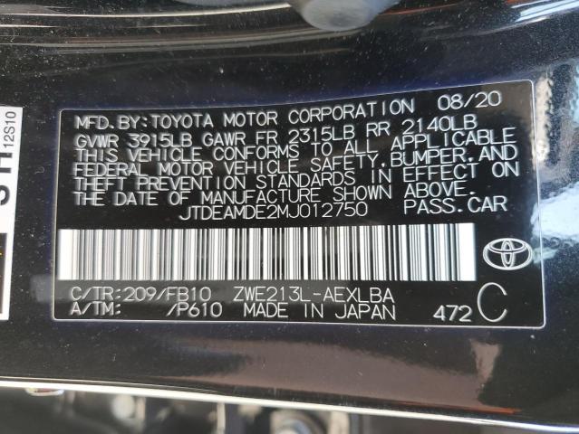 JTDEAMDE2MJ012750 - 2021 TOYOTA COROLLA LE BLACK photo 12
