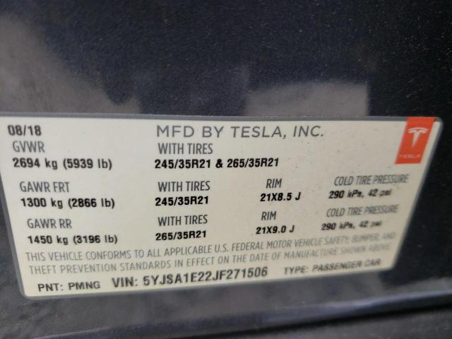 5YJSA1E22JF271506 - 2018 TESLA MODEL S Boz foto 12