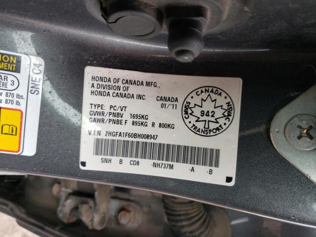 2HGFA1F60BH008947 - 2011 HONDA CIVIC LX-S GRAY photo 12