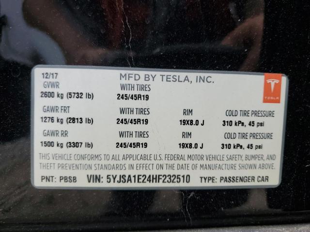 5YJSA1E24HF232510 - 2017 TESLA MODEL S შავი ფოტო 13