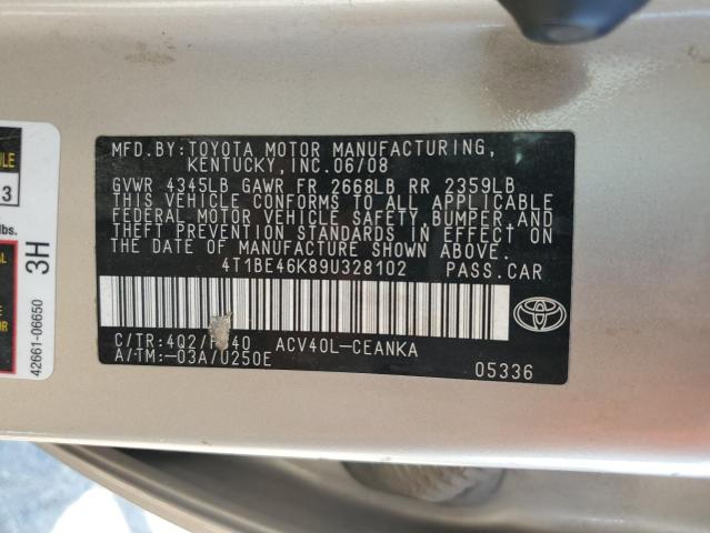 4T1BE46K89U328102 - 2009 TOYOTA CAMRY BASE TAN photo 12