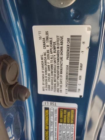 2HGFG3B00CH515554 - 2012 HONDA CIVIC EXL BLUE photo 12