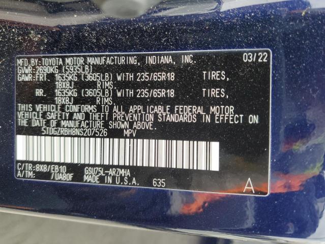 5TDGZRBH8NS207526 - 2022 TOYOTA HIGHLANDER XLE Mavi foto 13