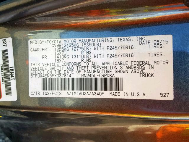 5TFUX4EN5FX037814 - 2015 TOYOTA TACOMA ACCESS CAB  photo 10