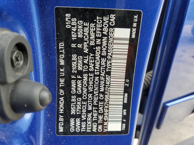 SHHFK7H98JU214087 - 2018 HONDA CIVIC SPORT TOURING BLUE photo 12