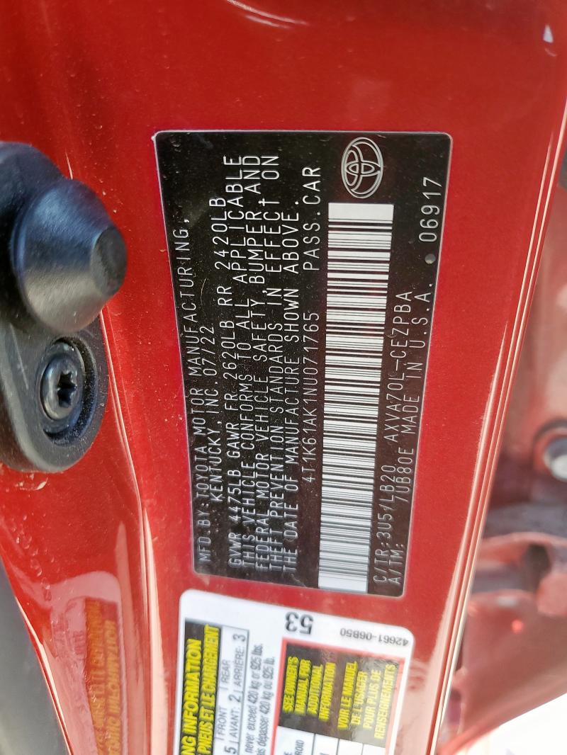 4T1K61AK1NU071765 - 2022 TOYOTA CAMRY XSE Rojo foto 12