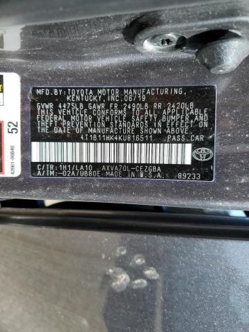 4T1B11HK4KU816511 - 2019 TOYOTA CAMRY L GRAY photo 13