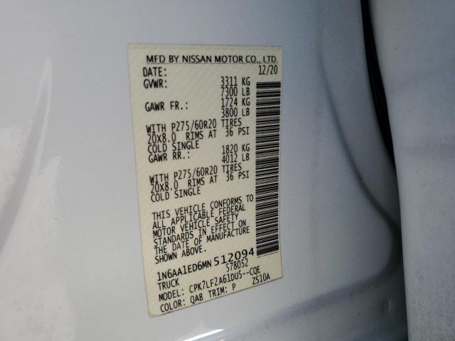 1N6AA1ED6MN512094 - 2021 NISSAN TITAN SV WHITE photo 12