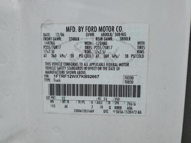 1FTRF12WX7KB92667 - 2007 FORD F150 WHITE photo 12