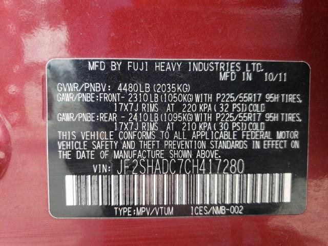 JF2SHADC7CH417280 - 2012 SUBARU FORESTER 2.5X PREMIUM Bordo foto 14