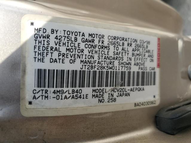 JT2BF28K5W0117759 - 1998 TOYOTA CAMRY LE GOLD photo 12