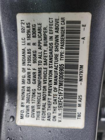 19XFC1F77ME006905 - 2021 HONDA CIVIC EXL GRAY photo 12