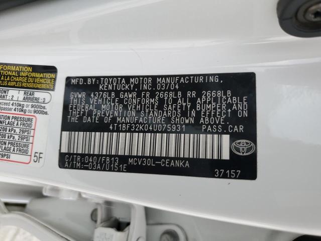 4T1BF32K04U075931 - 2004 TOYOTA CAMRY LE WHITE photo 12