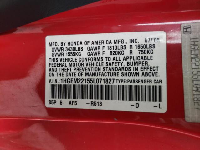 1HGEM22155L071827 - 2005 HONDA CIVIC DX VP RED photo 10