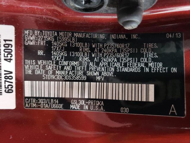 5TDYK3DC3DS358599 - 2013 TOYOTA SIENNA XLE RED photo 13