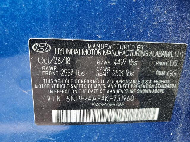 5NPE24AF4KH751960 - 2019 HYUNDAI SONATA SE BLUE photo 12