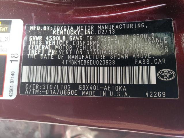 4T1BK1EB9DU020938 - 2013 TOYOTA AVALON BASE 勃艮第红 照片 12