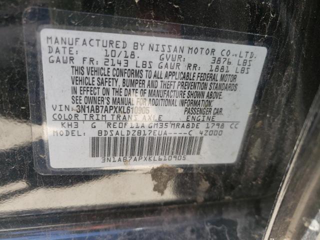 3N1AB7APXKL610905 - 2019 NISSAN SENTRA S BLACK photo 10