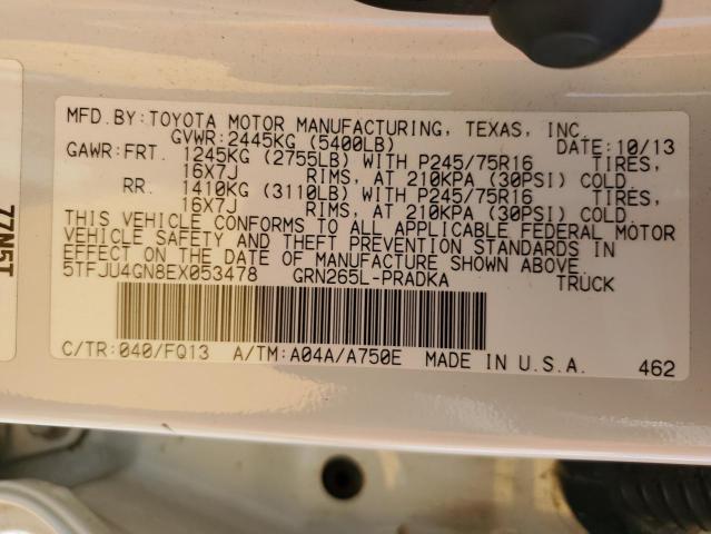 5TFJU4GN8EX053478 - 2014 TOYOTA TACOMA DOUBLE CAB PRERUNNER WHITE photo 12