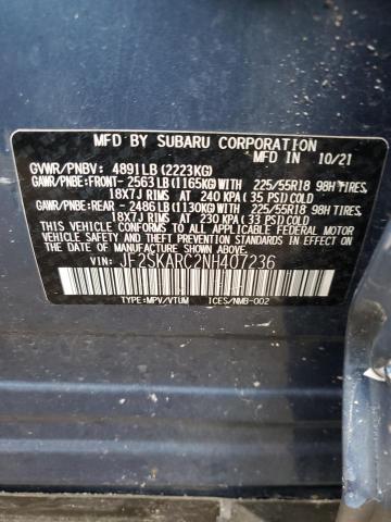 JF2SKARC2NH407236 - 2022 SUBARU FORESTER TOURING 蓝色 照片 12