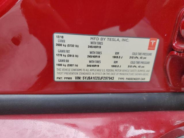 5YJSA1E20JF297943 - 2018 TESLA MODEL S RED photo 12
