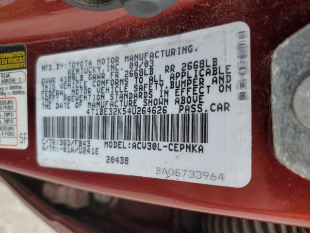 4T1BE32K54U264626 - 2004 TOYOTA CAMRY LE BURGUNDY photo 13