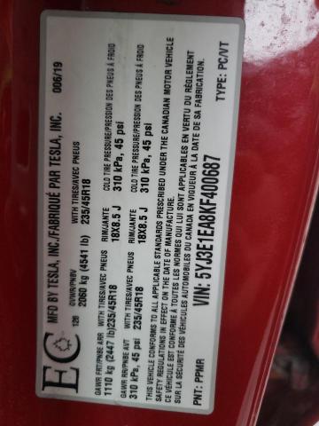 5YJ3E1EA8KF400687 - 2019 TESLA MODEL 3 Rot Foto 12