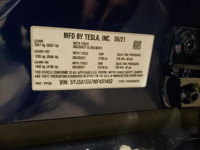 5YJSA1E67MF431452 - 2021 TESLA MODEL S Կապույտ լուսանկար 13
