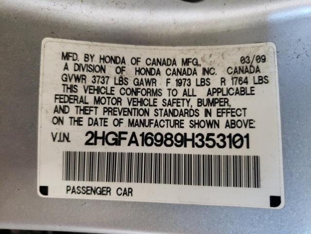 2HGFA16989H353101 - 2009 HONDA CIVIC EXL ვერცხლისფერი ფოტო 12