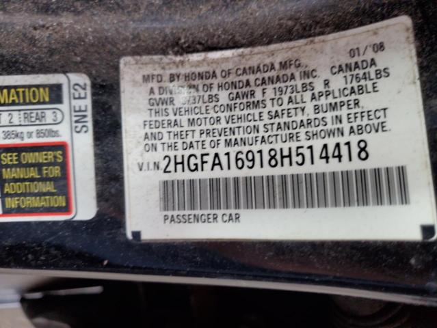 2HGFA16918H514418 - 2008 HONDA CIVIC EXL შავი ფოტო 12