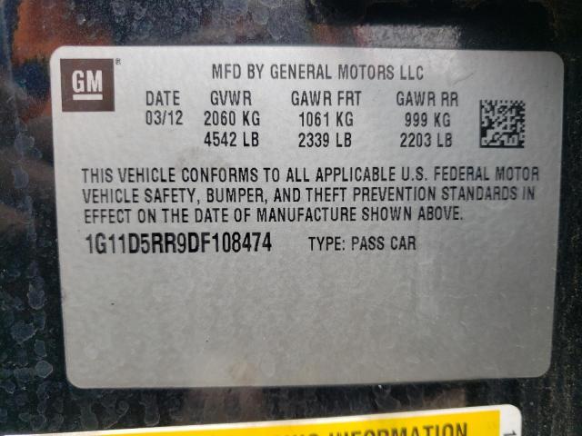 1G11D5RR9DF108474 - 2013 CHEVROLET MALIBU 1LT შავი ფოტო 12