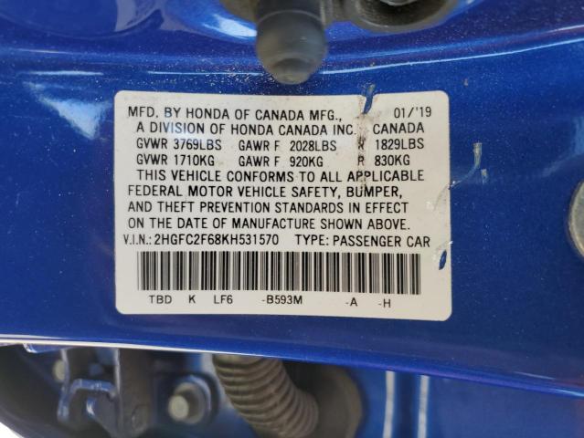 2HGFC2F68KH531570 - 2019 HONDA CIVIC LX BLUE photo 12