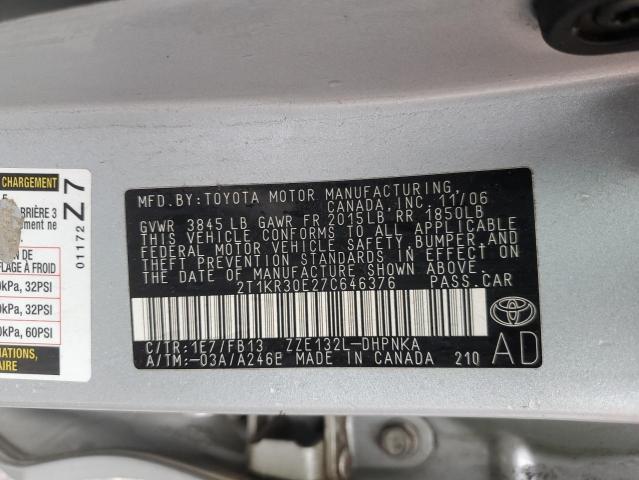 2T1KR30E27C646376 - 2007 TOYOTA COROLLA MA XR SILVER photo 13