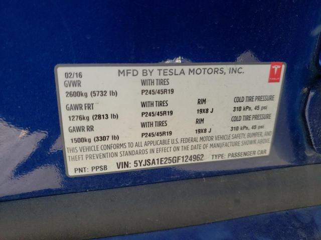 5YJSA1E25GF124962 - 2016 TESLA MODEL S Mavi foto 12