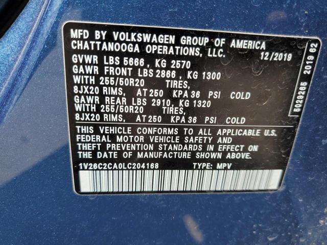 1V26C2CA0LC204168 - 2020 VOLKSWAGEN ATLAS CROS SE ლურჯი ფოტო 10