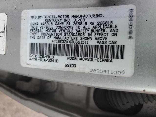 4T1BE32KX3U691511 - 2003 TOYOTA CAMRY LE SILVER photo 12