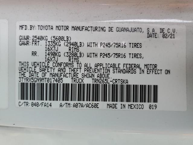 3TYRX5GN9MT017405 - 2021 TOYOTA TACOMA ACCESS CAB თეთრი ფოტო 12
