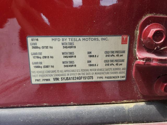 5YJSA1E24GF151375 - 2016 TESLA MODEL S 红色 照片 12