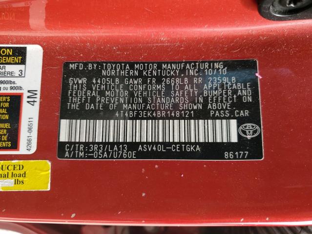4T4BF3EK4BR148121 - 2011 TOYOTA CAMRY BASE RED photo 13