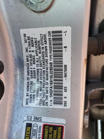 1HGFA16919L028048 - 2009 HONDA CIVIC EXL ვერცხლისფერი ფოტო 12