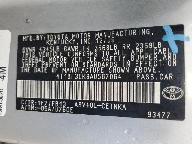 4T1BF3EK8AU567064 - 2010 TOYOTA CAMRY BASE 银色 照片 12